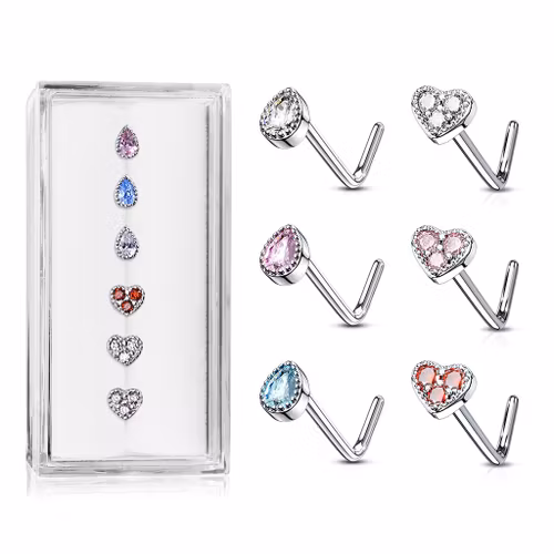 Mixpack 6st nässmycke L-böjd med dropp- och hjärtformade toppar med cubic zirconia