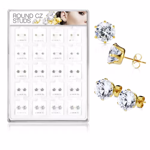 Display med 20 par örhängen (guldpläterad 316L med CZ)