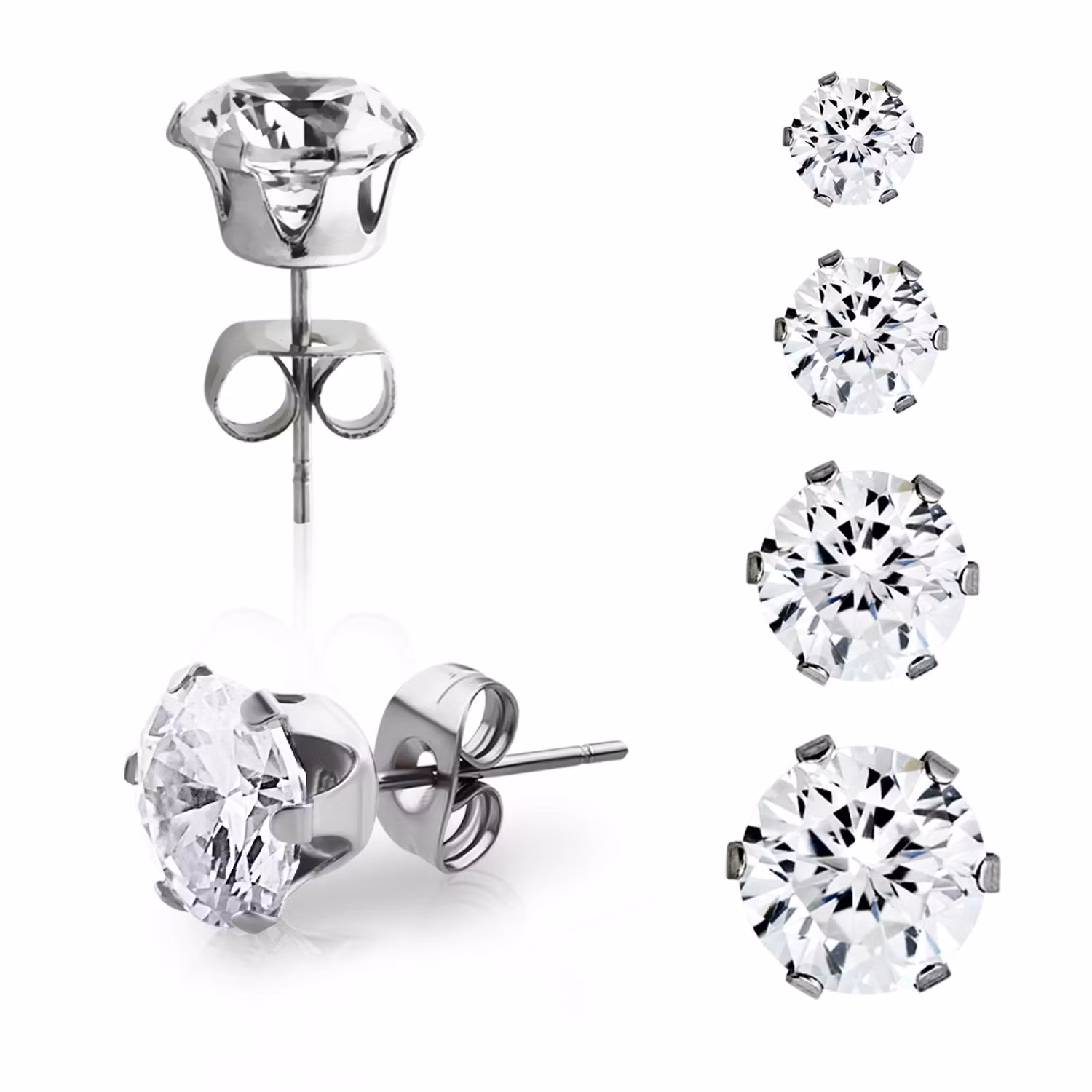Örhänge i kirurgiskt stål - Rund klar kloinfattad cubic zirconia (par)
