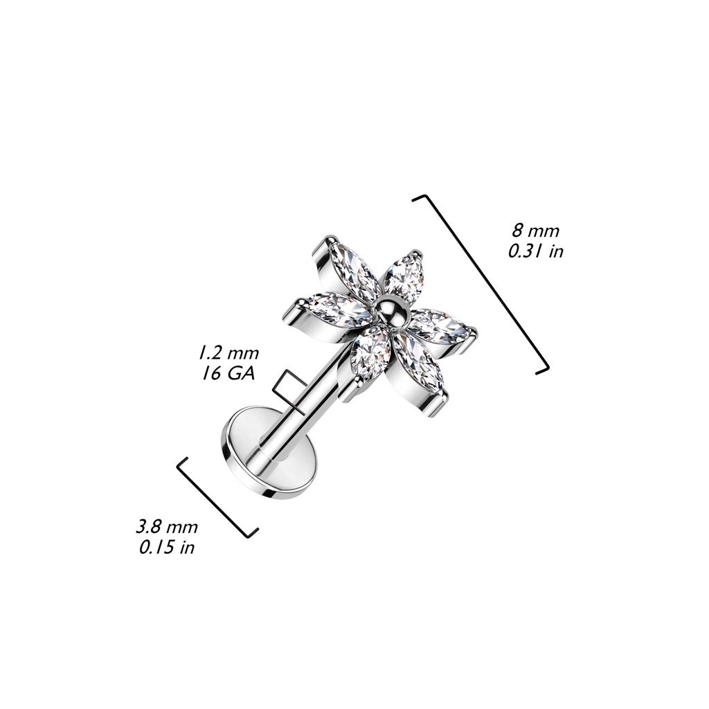 Labret i titanium 1.2mm - blomma med navettslipade cubic zirconia