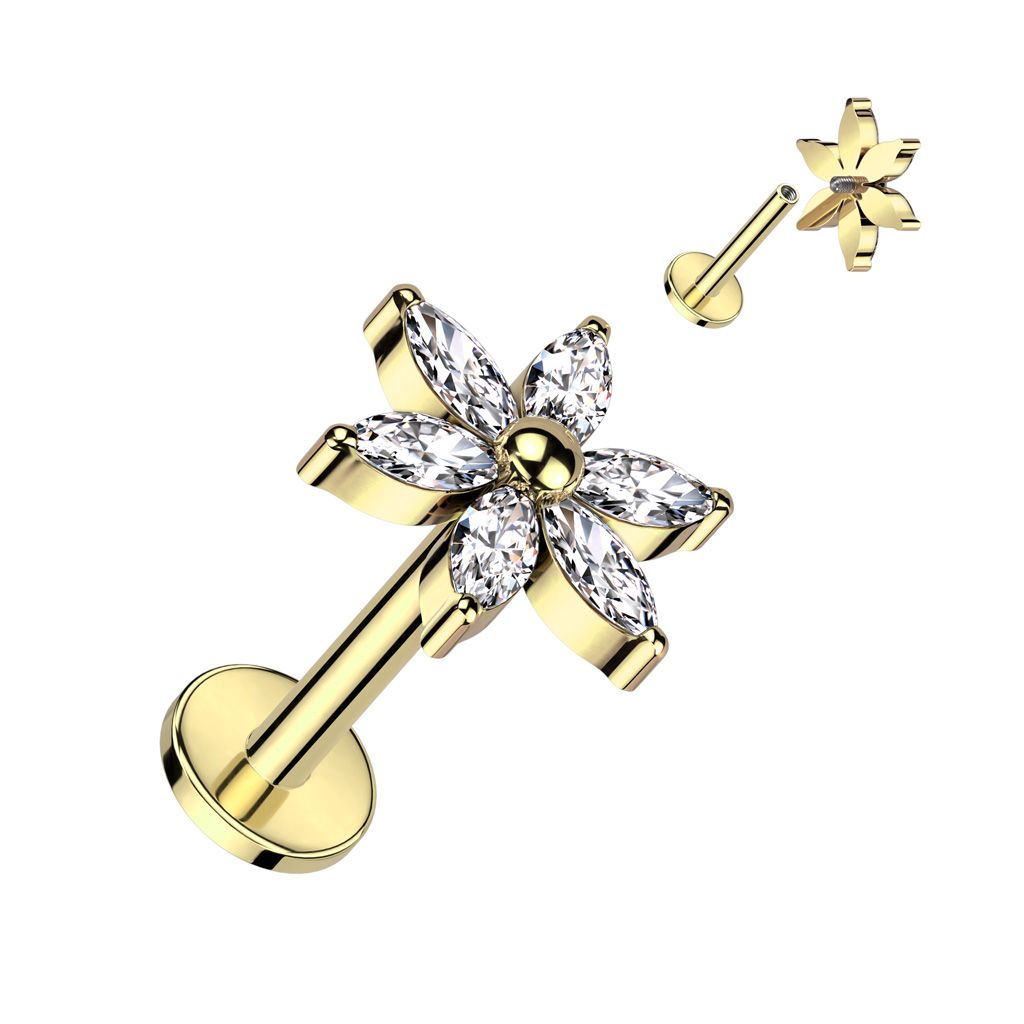 Labret i titanium 1.2mm - blomma med navettslipade cubic zirconia