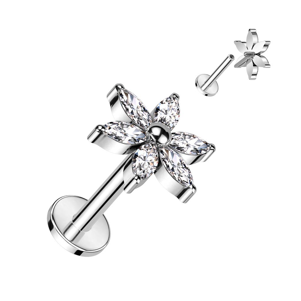 Labret i titanium 1.2mm - blomma med navettslipade cubic zirconia