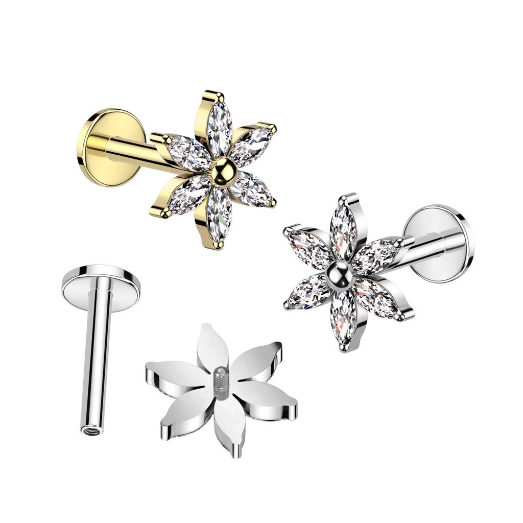 Labret i titanium 1.2mm - blomma med navettslipade cubic zirconia