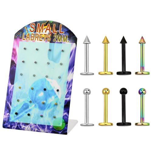 Display med 24st labretter 1.0mm i kirurgiskt stål - kulor och konor