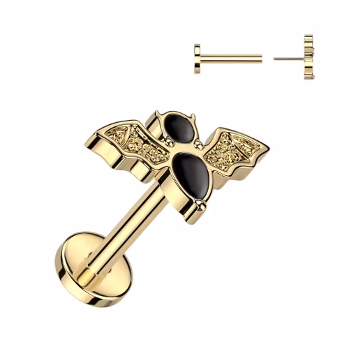 Threadless labret i titanium 1.0mm guld PVD - Topp med fladdermus (8mm)
