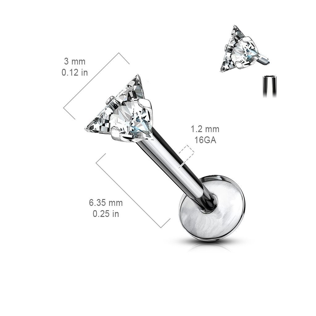 Labret i titanium 1.2mm med triangelformad CZ topp