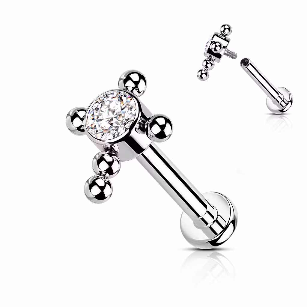 Labret i titanium 1.2mm - Bollkluster / kors med cubic zirconia