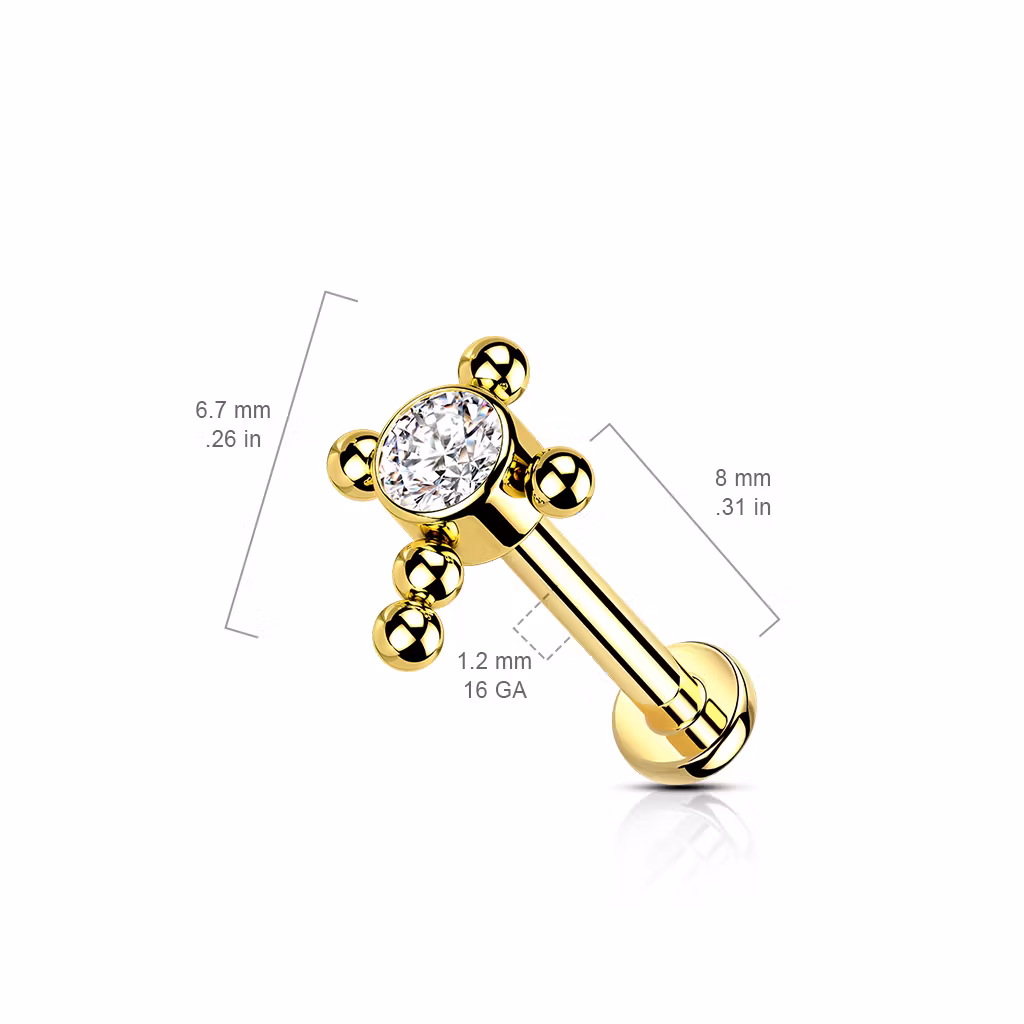 Labret i titanium 1.2mm - Bollkluster / kors med cubic zirconia
