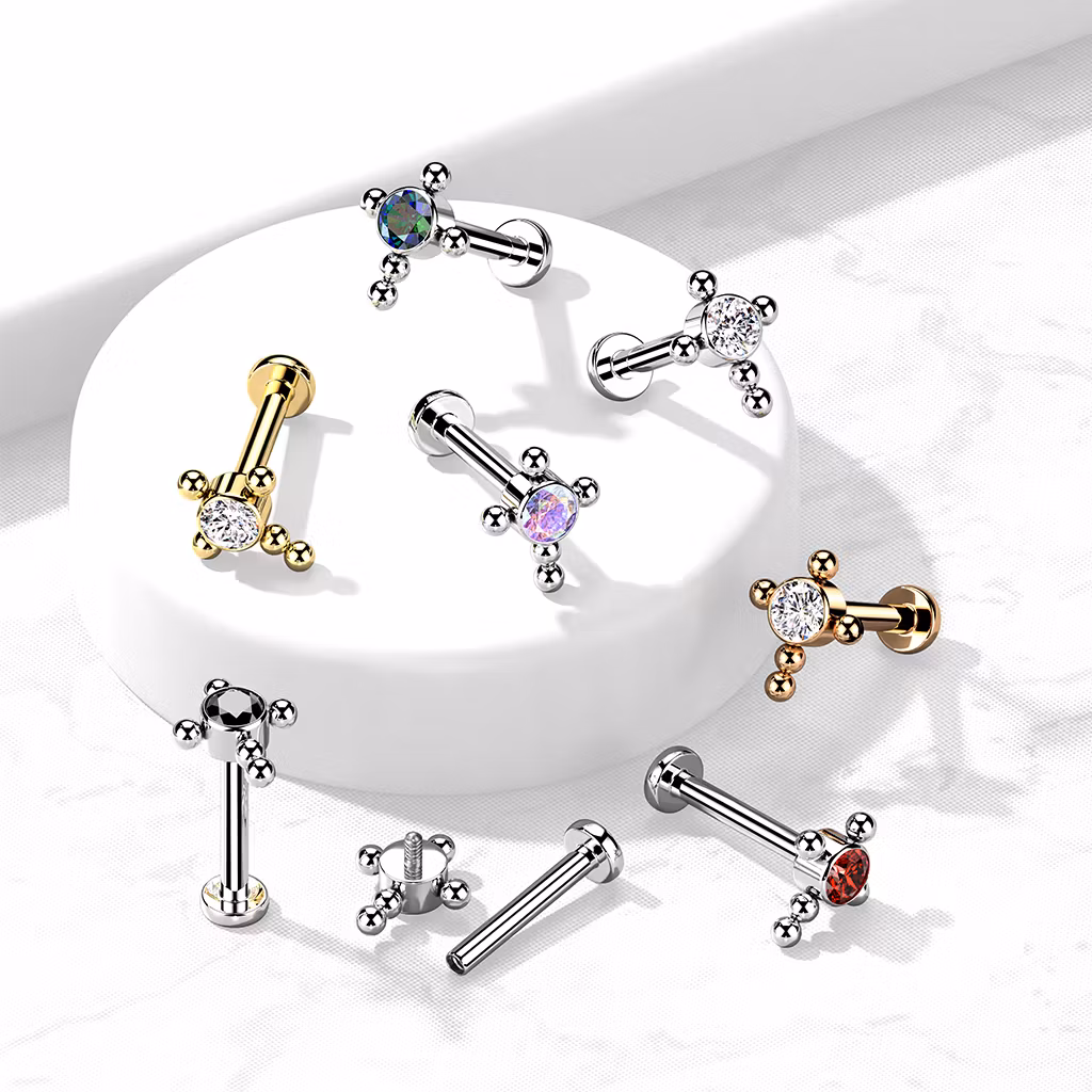 Labret i titanium 1.2mm - Bollkluster / kors med cubic zirconia