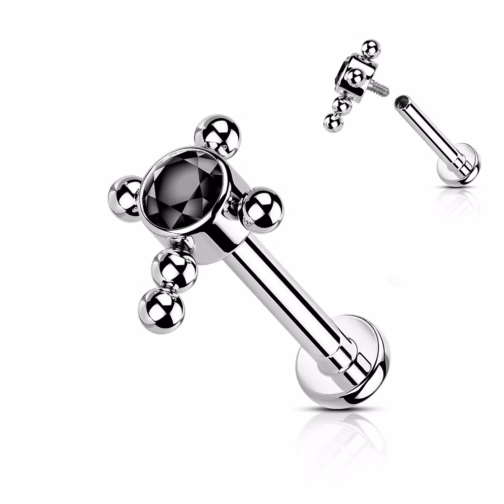 Labret i titanium 1.2mm - Bollkluster / kors med cubic zirconia