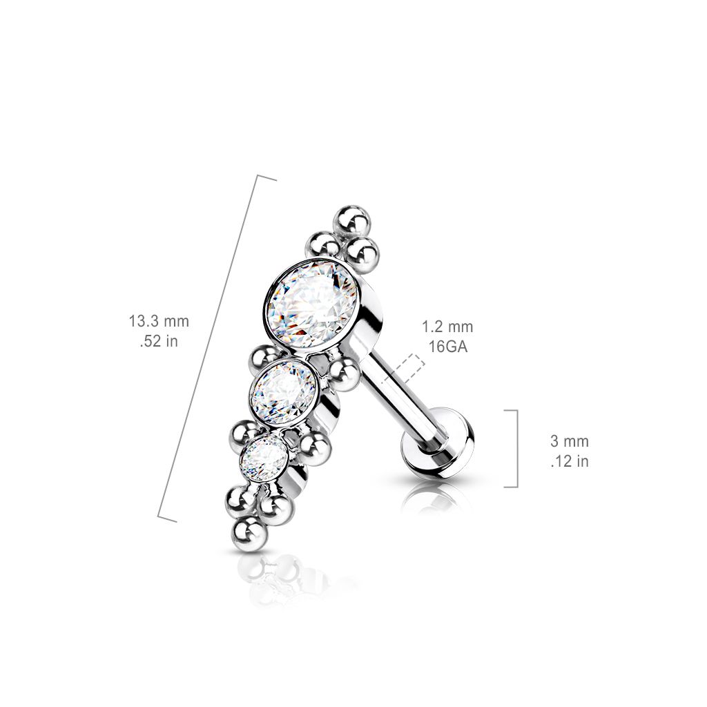Labret i titanium 1.2mm - Bollkluster med 3st cubic zirconia i olika storlekar