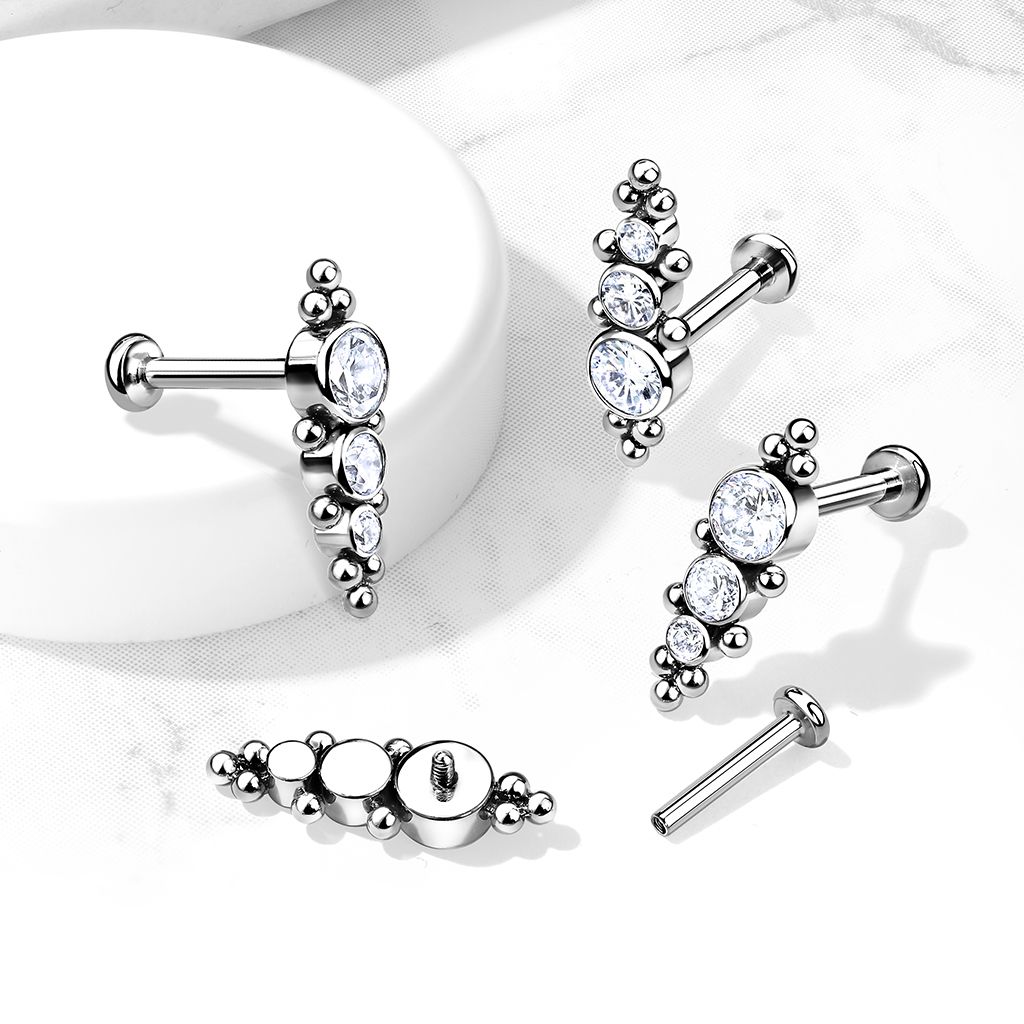 Labret i titanium 1.2mm - Bollkluster med 3st cubic zirconia i olika storlekar