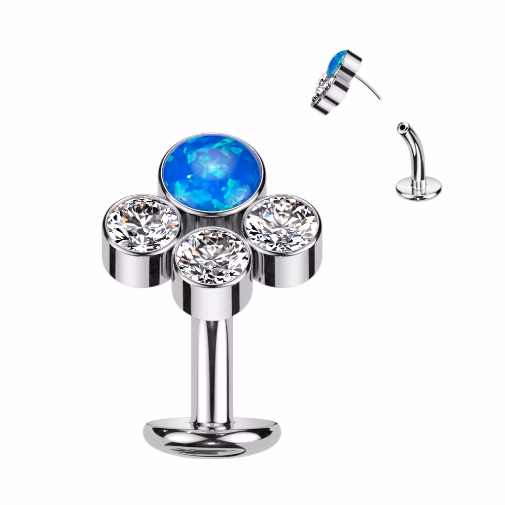 Threadless Navelsmycke i titanium Floating Navel - Kluster med 3st CZ och 1st opal