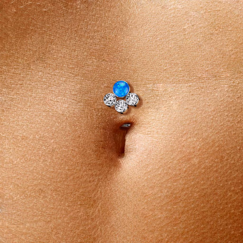 Threadless Navelsmycke i titanium Floating Navel - Kluster med 3st CZ och 1st opal