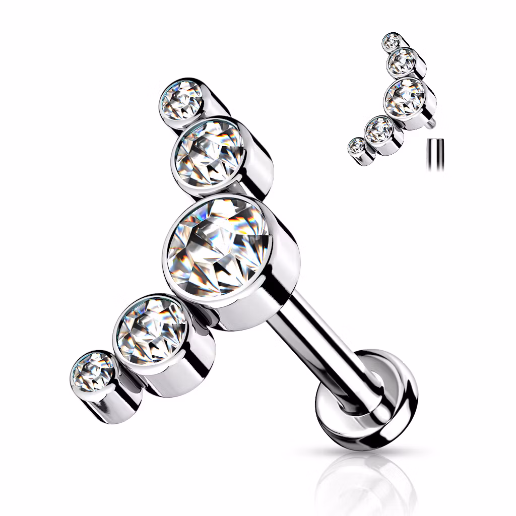 Labret i titanium 1.2mm - Böjd topp med 5st runda cubic zirconia