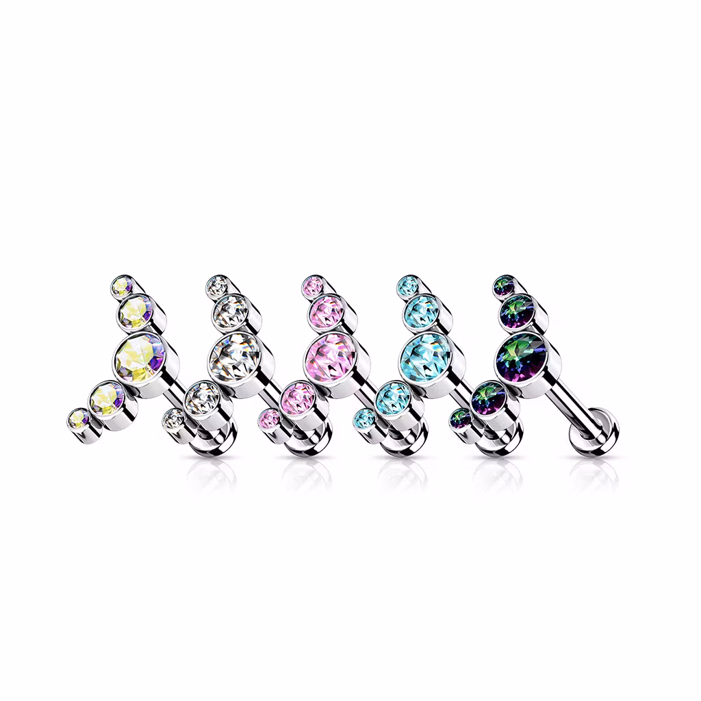 Labret i titanium 1.2mm - Böjd topp med 5st runda cubic zirconia
