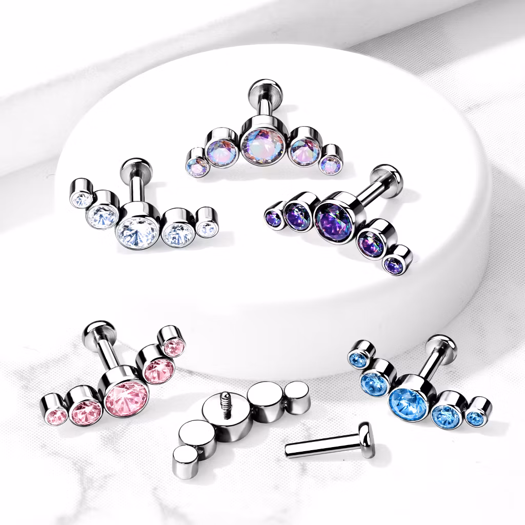 Labret i titanium 1.2mm - Böjd topp med 5st runda cubic zirconia
