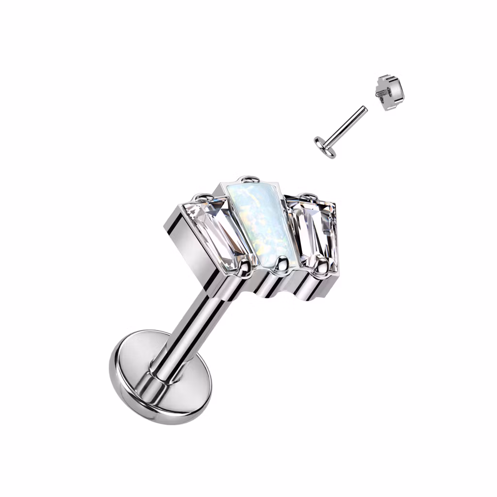 Labret i titanium 1.2mm - Topp med 3st baguetteslipade cubic zirconia eller opal
