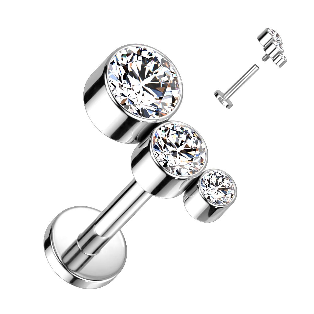 Labret i titanium 1.2mm - Topp med 3st cubic zirconia