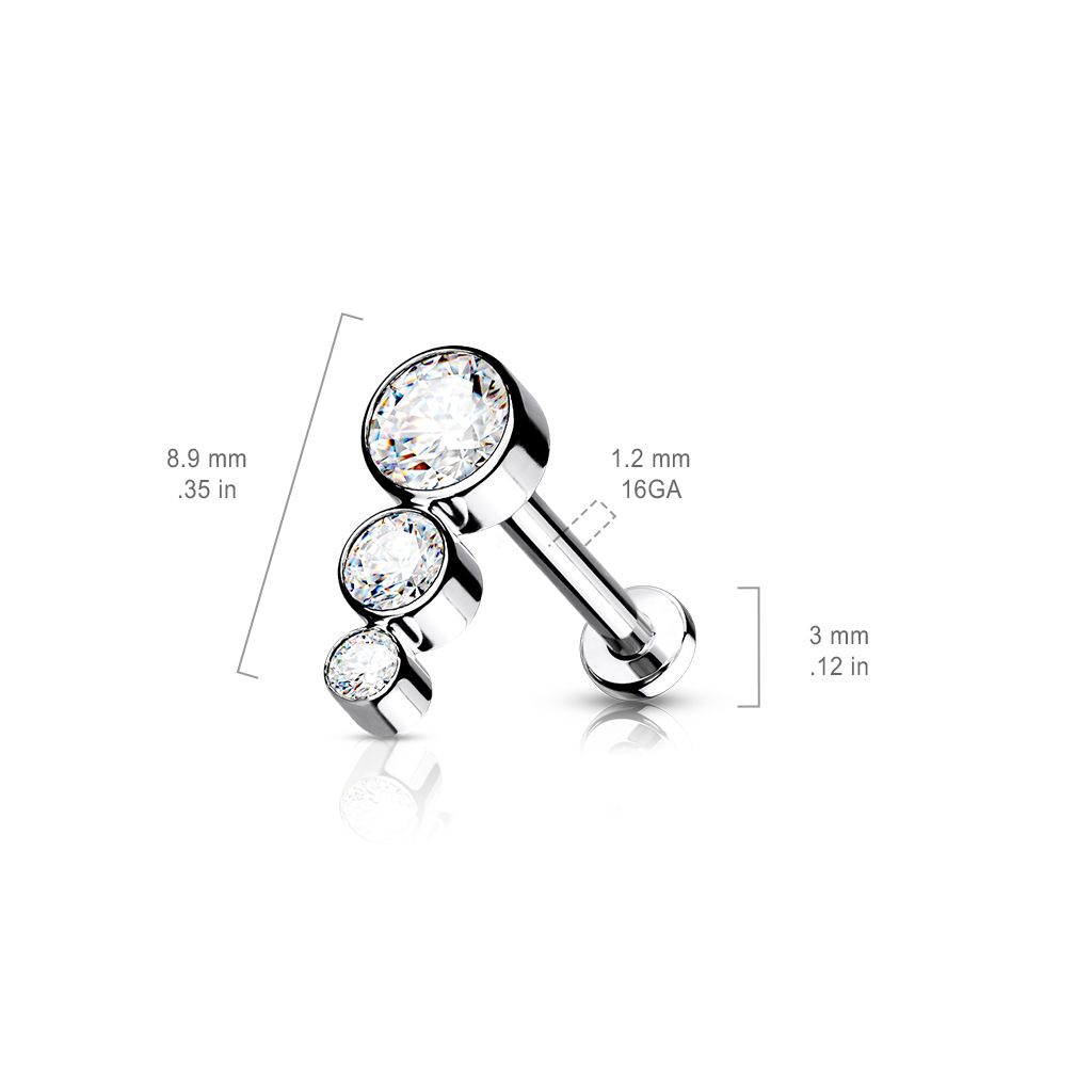 Labret i titanium 1.2mm - Topp med 3st cubic zirconia i olika storlekar