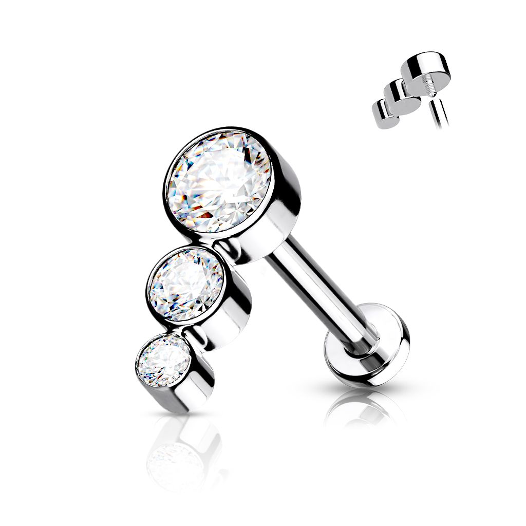 Labret i titanium 1.2mm - Topp med 3st cubic zirconia i olika storlekar