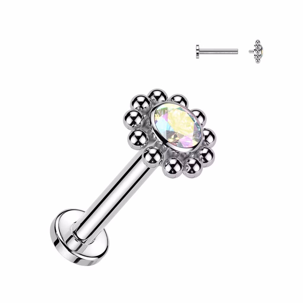 Labret i titanium 1.2mm - Bollkluster / blomma med cubic zirconia