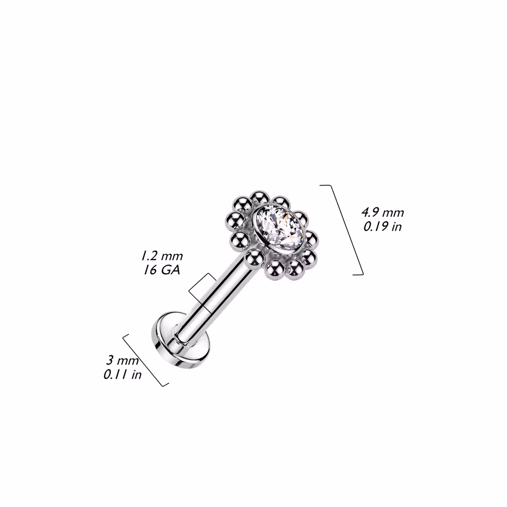 Labret i titanium 1.2mm - Bollkluster / blomma med cubic zirconia
