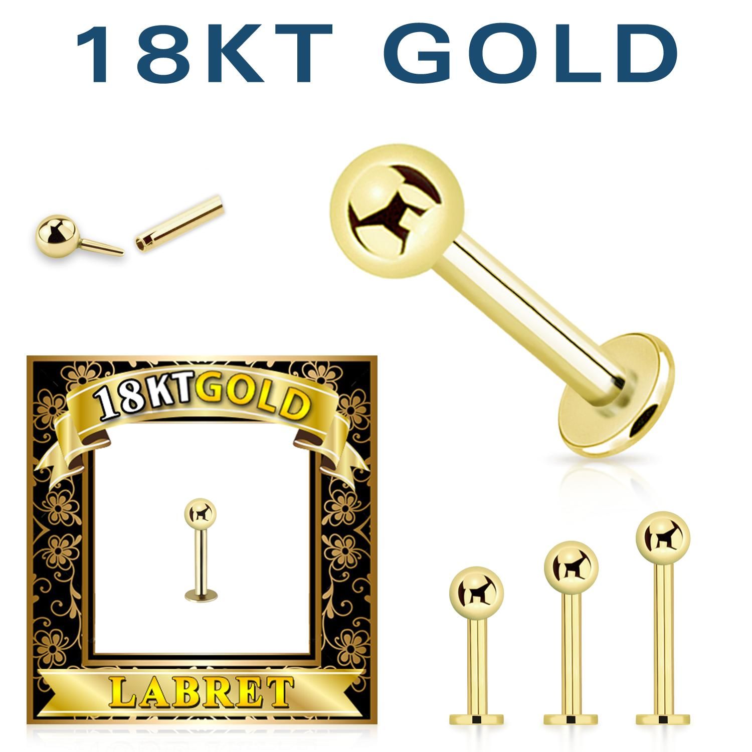 Labret 1.2mm med 3mm kula äkta 18 karat guld