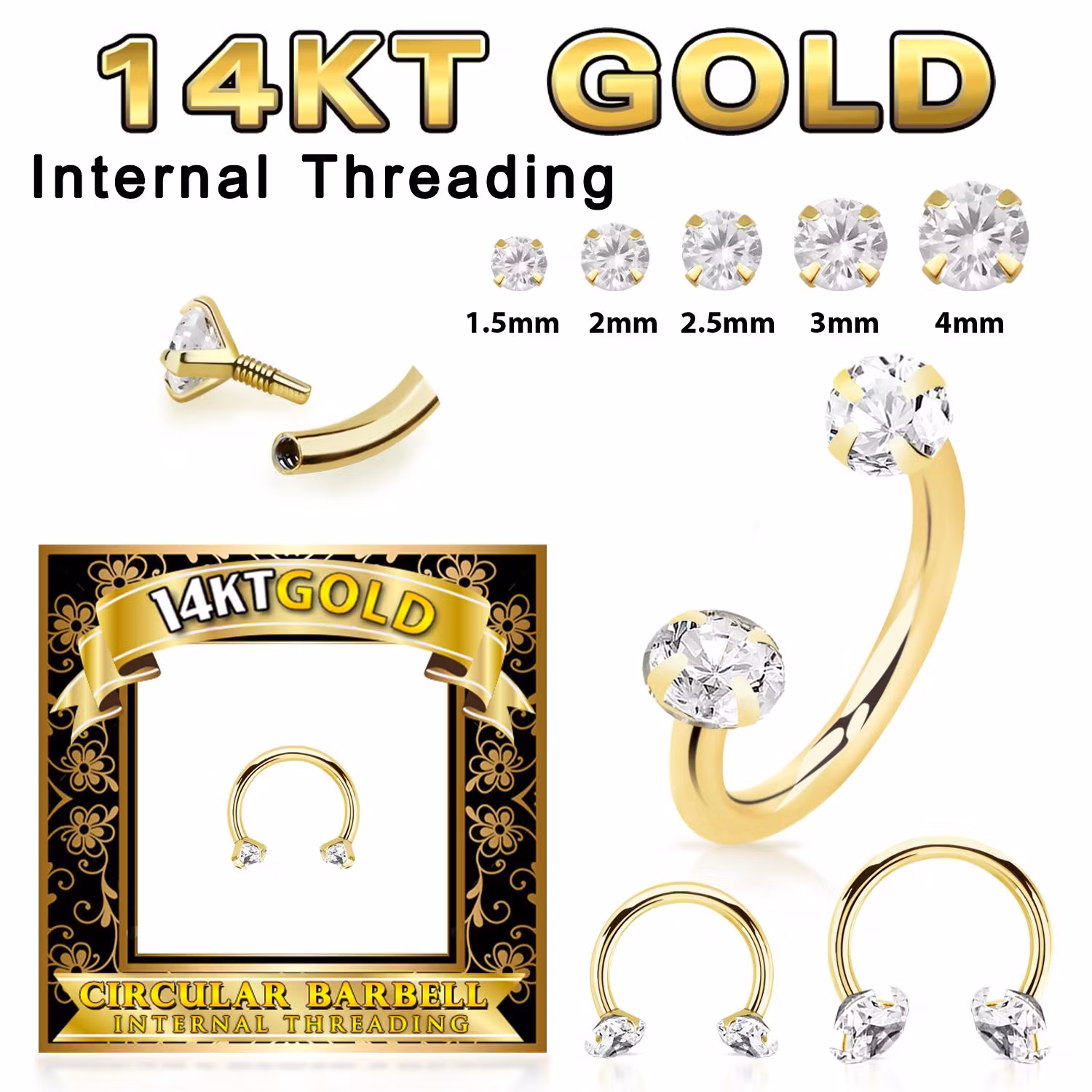 Cirkulär barbell CBR 1.2mm i 14 karat äkta guld med cubic zirconia