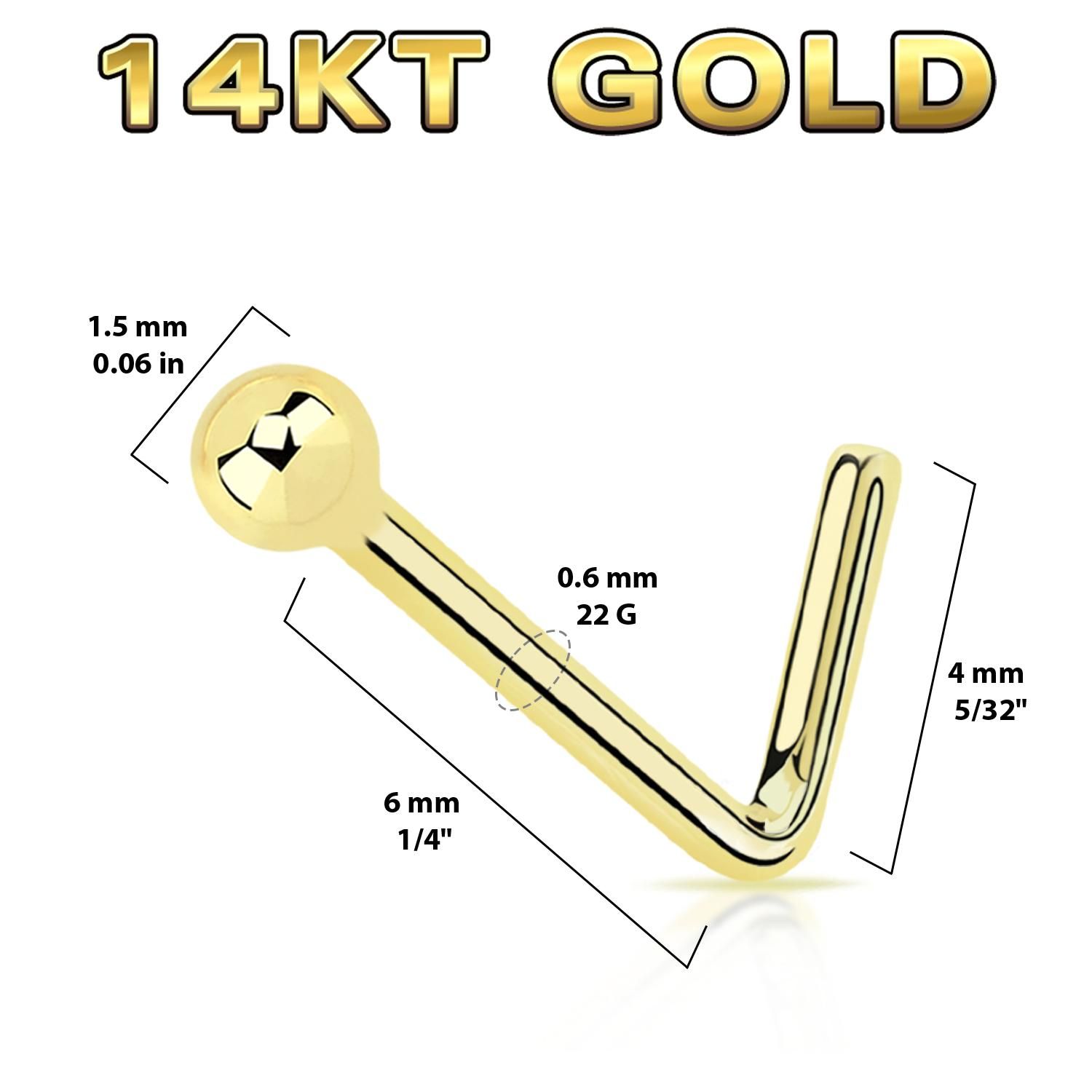 L-böjd nässmycke 0.6mm i äkta 14 karat guld med 1.5mm boll