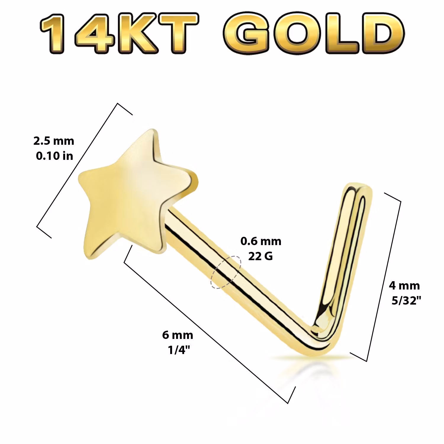 L-böjd nässmycke 0.6mm i äkta 14 karat guld med 2.5mm stjärna