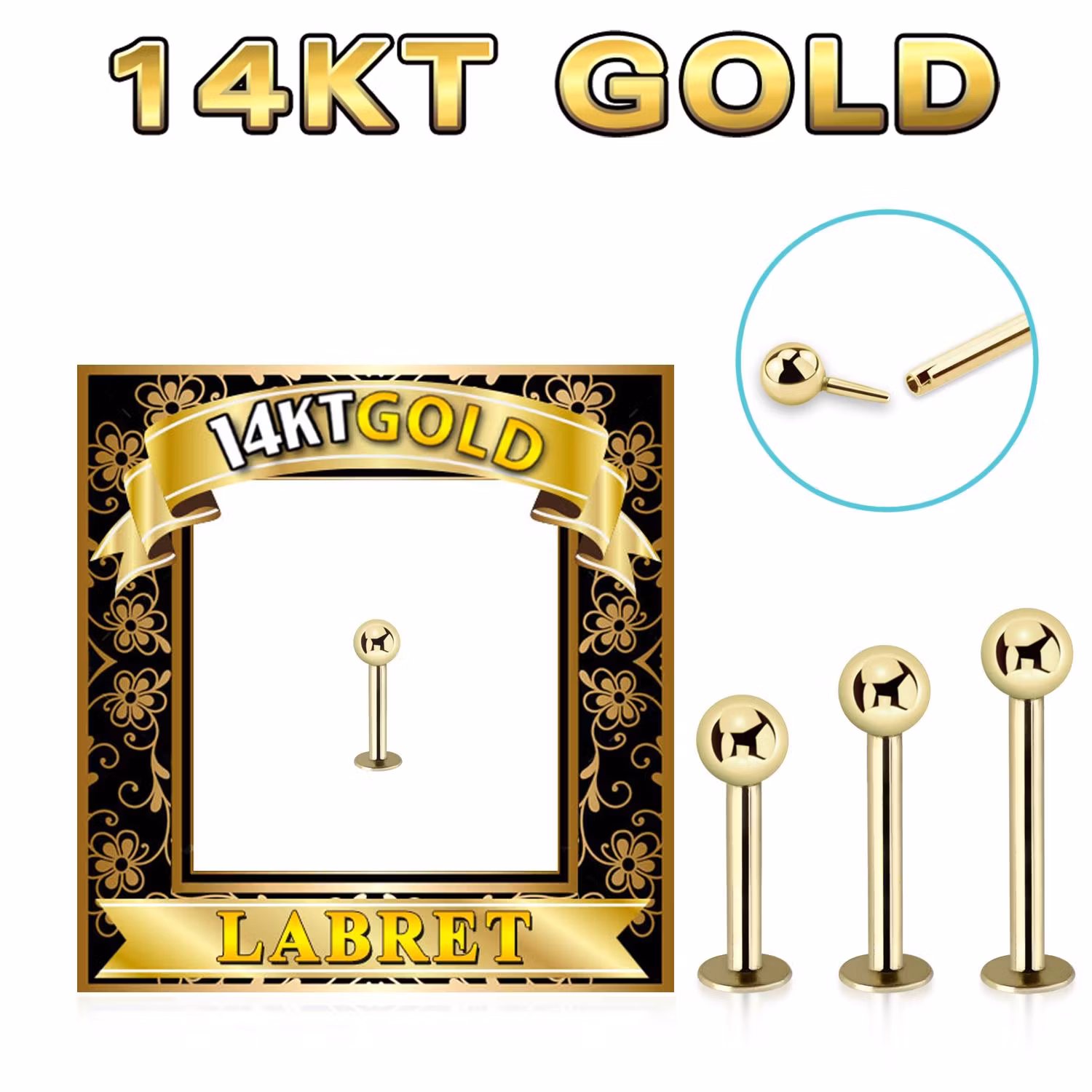 Labret 1.2mm med 3mm kula äkta 14 karat guld