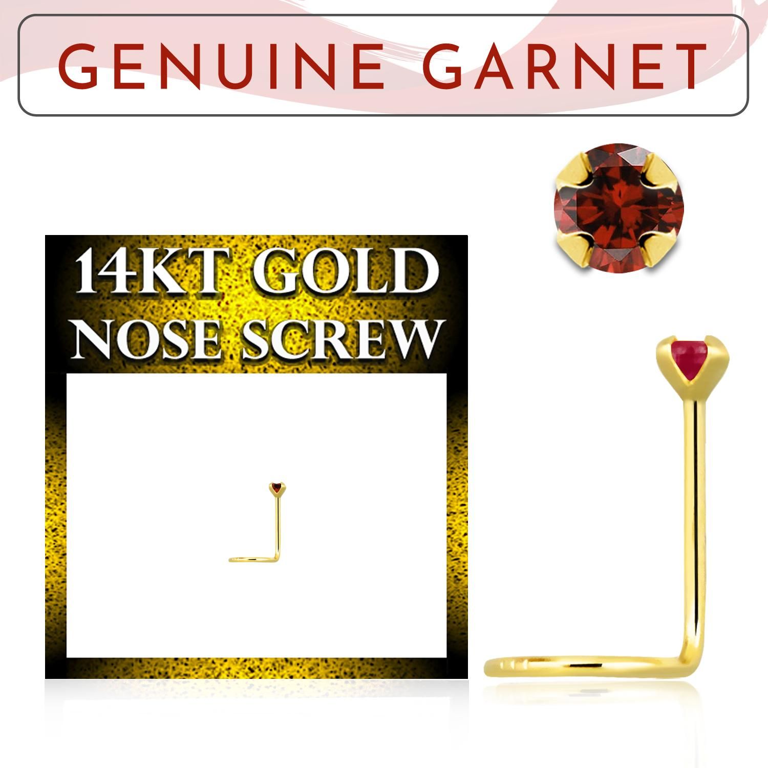 Nässmycke "nässkruv" 0.6mm i äkta 14 karat guld med geniun garnet sten