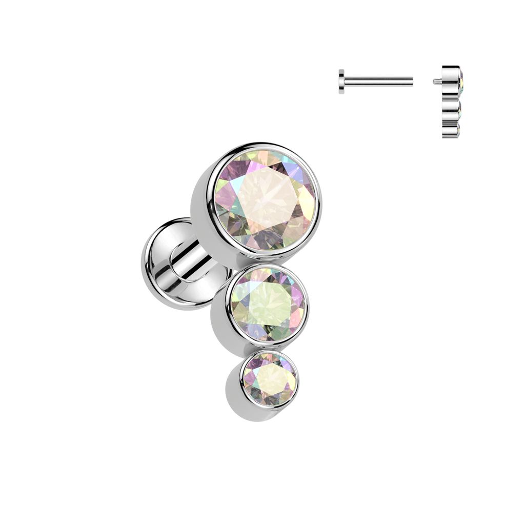 Labret i titanium 1.2mm - Topp med 3st cubic zirconia i olika storlekar