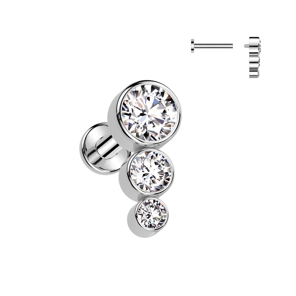 Labret i titanium 1.2mm - Topp med 3st cubic zirconia i olika storlekar