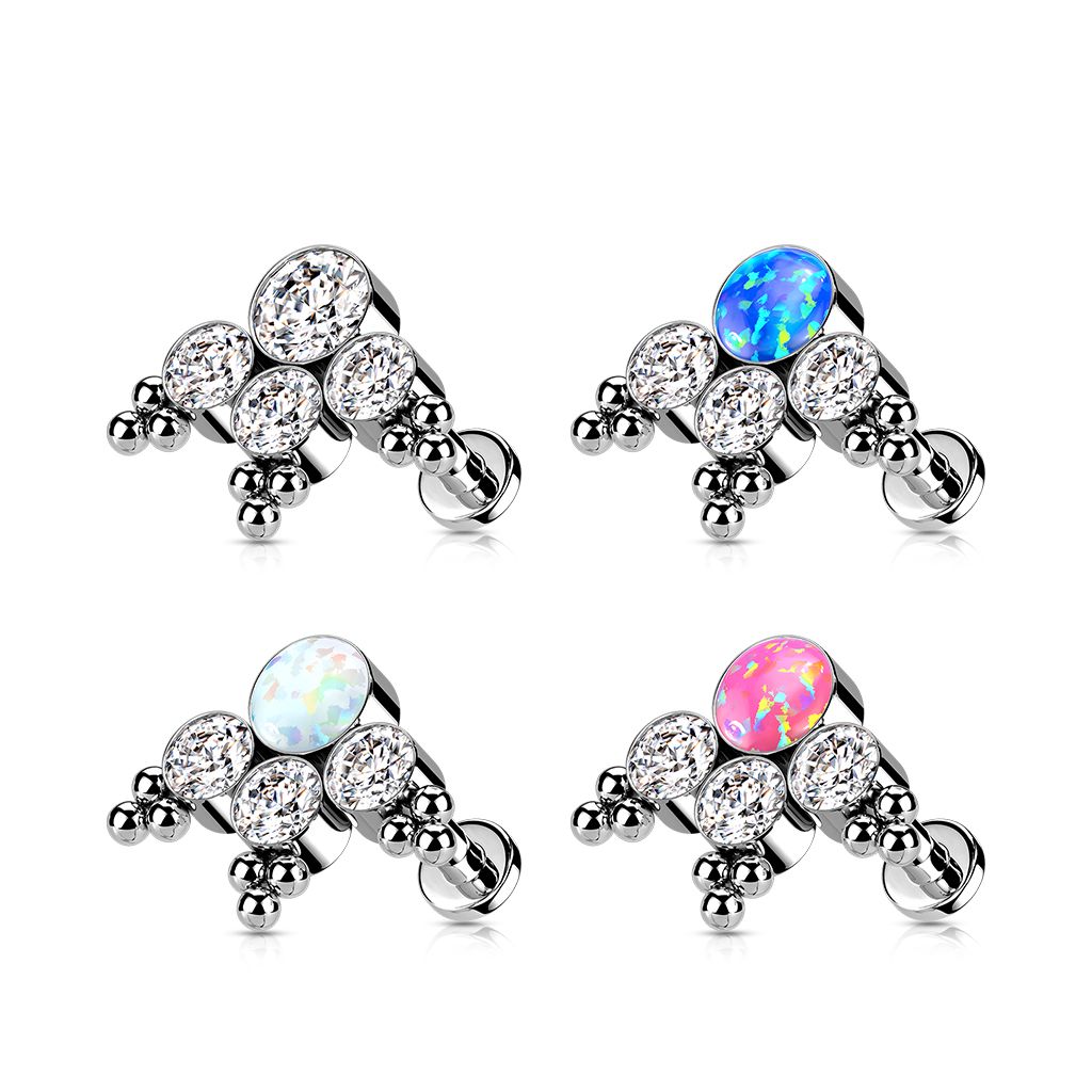 Labret i titanium 1.2mm - Kluster med bollar och cubic zirconia / opal