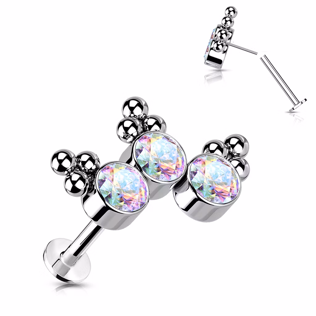 Threadless labret i titanium 1.2mm - Topp med 3st CZ och kluster