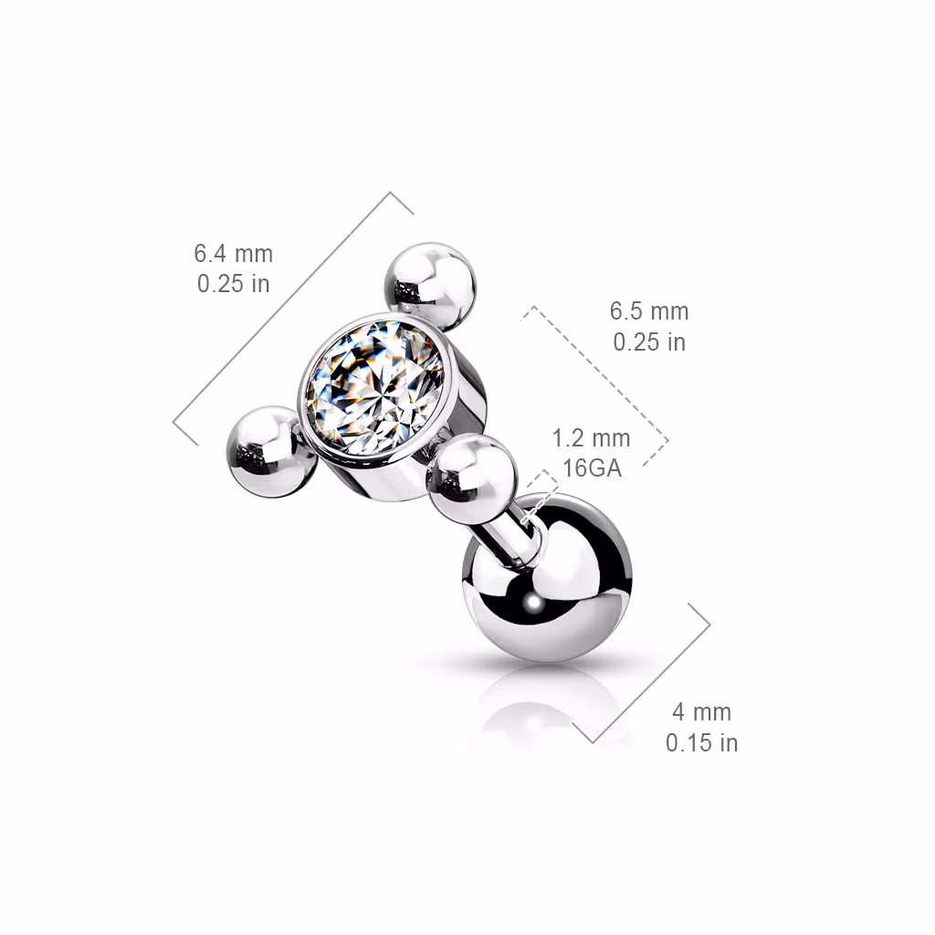 Tragus barbell kirurgiskt stål - Triangelkluster med klar cubic zirconia