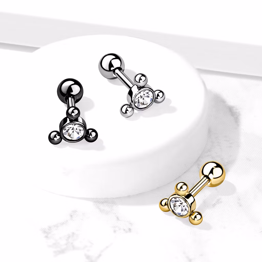 Tragus barbell kirurgiskt stål - Triangelkluster med klar cubic zirconia
