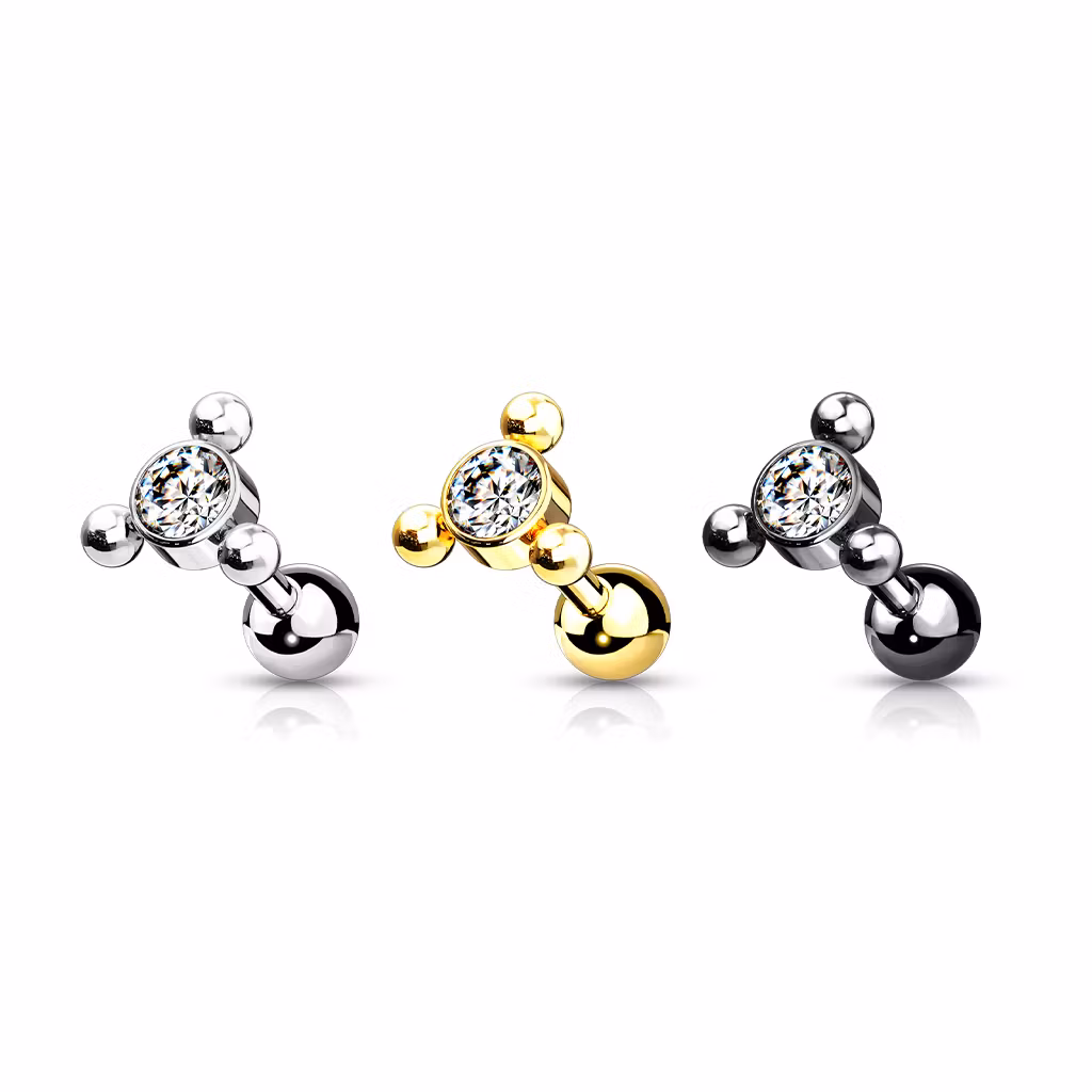 Tragus barbell kirurgiskt stål - Triangelkluster med klar cubic zirconia