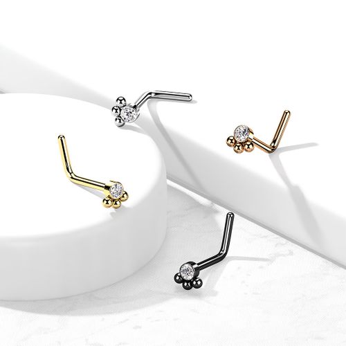 Nässmycke "L-böjd" kirurgiskt stål 0.8mm - kluster med klar CZ och bollar