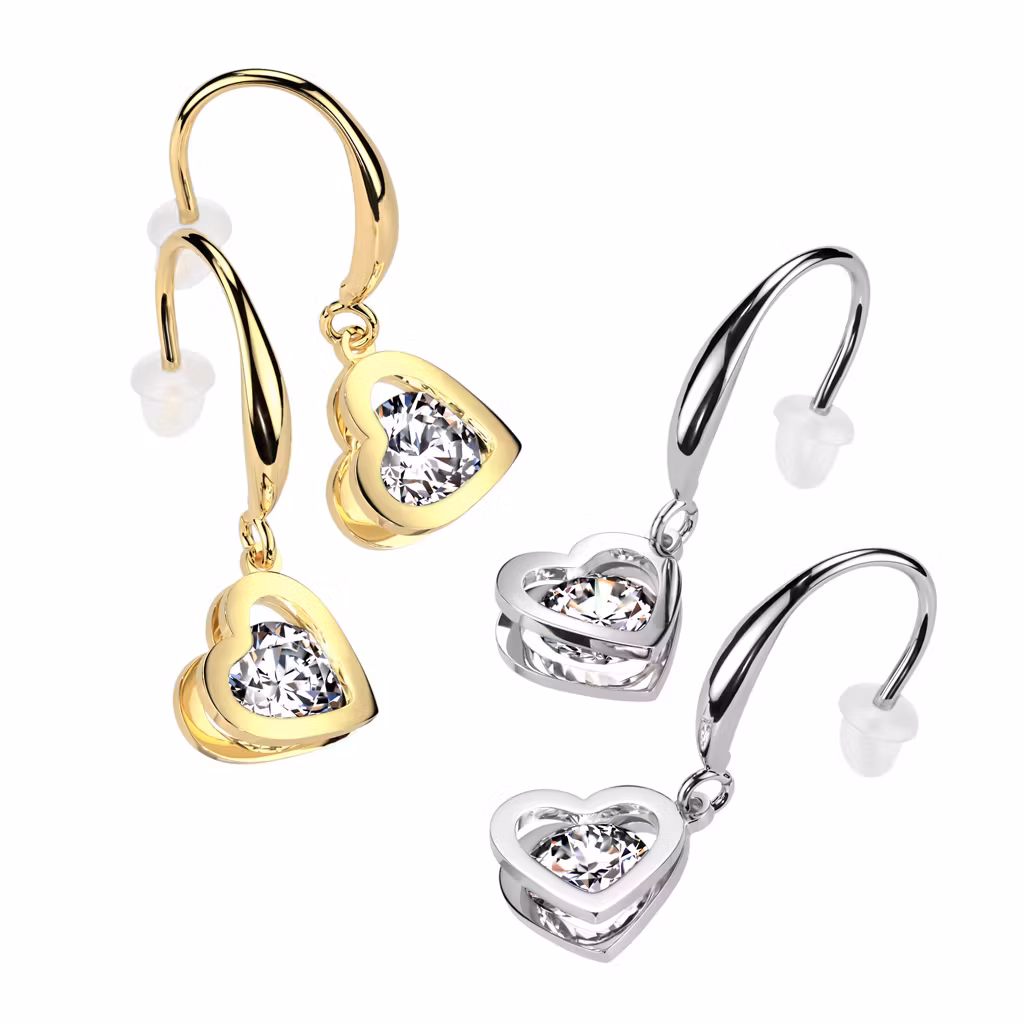 Örhänge i kirurgiskt stål med hjärtformat hänge med rund cubic zirconia (par)