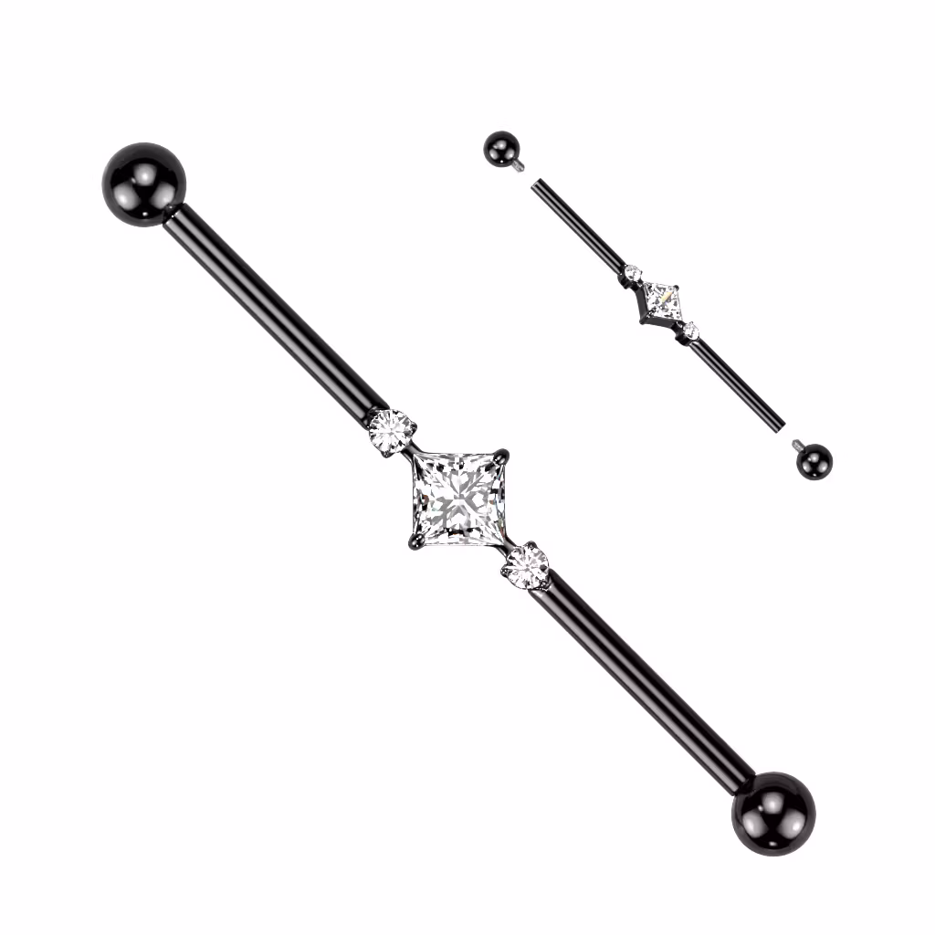 Titanium industrial barbell 1.6mm med fyrkantig och runda cubic zirconia
