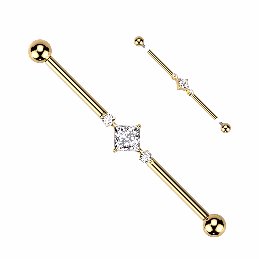 Titanium industrial barbell 1.6mm med fyrkantig och runda cubic zirconia