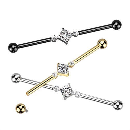 Titanium industrial barbell 1.6mm med fyrkantig och runda cubic zirconia