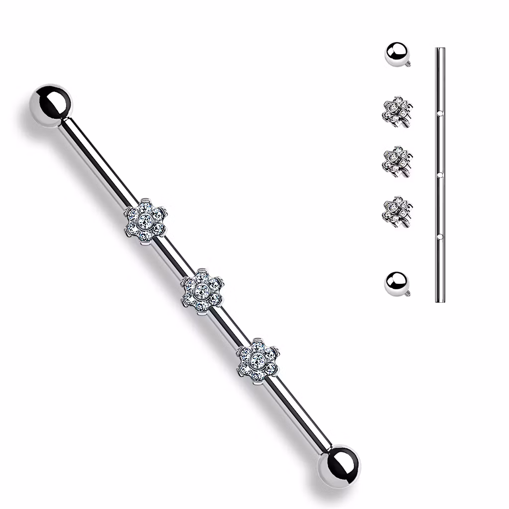 Titanium industrial barbell 1.6mm med 3st blommor med cubic zirconia