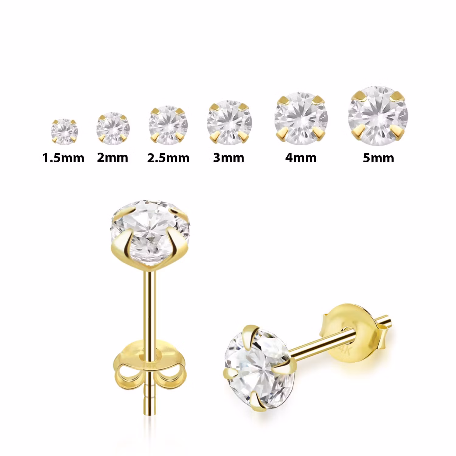 Örhänge i äkta 14 karat guld - rund klar cubic zirconia (par)