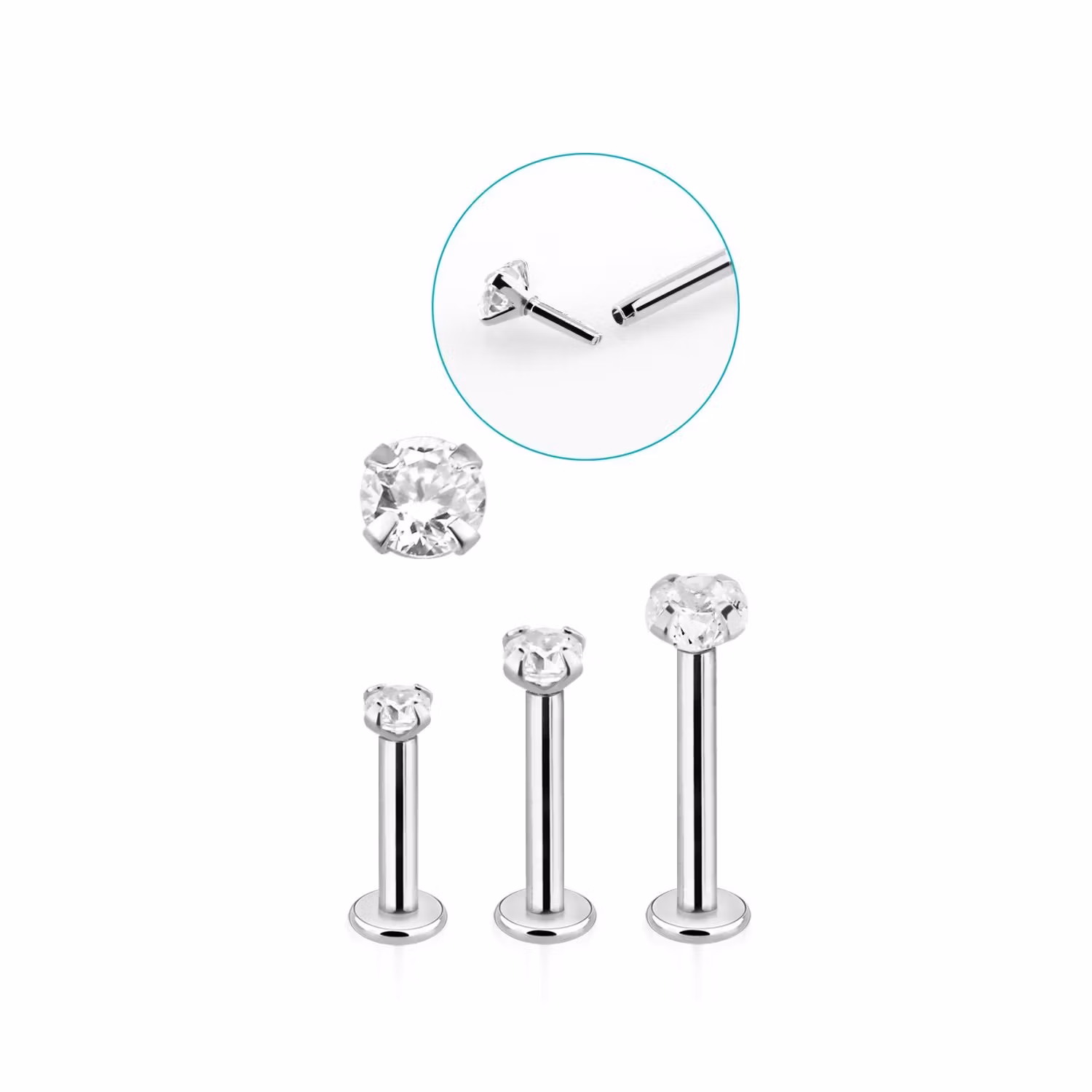 Labret i äkta 14 karat vitt guld - rund klar cubic zirconia