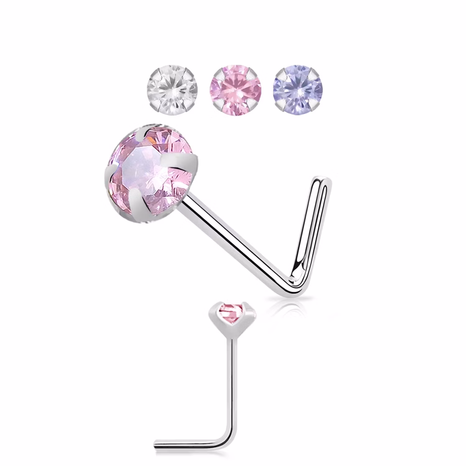Nässmycke "L-böjd" i äkta 14 karat vitt guld med 2.5mm cubic zirconia