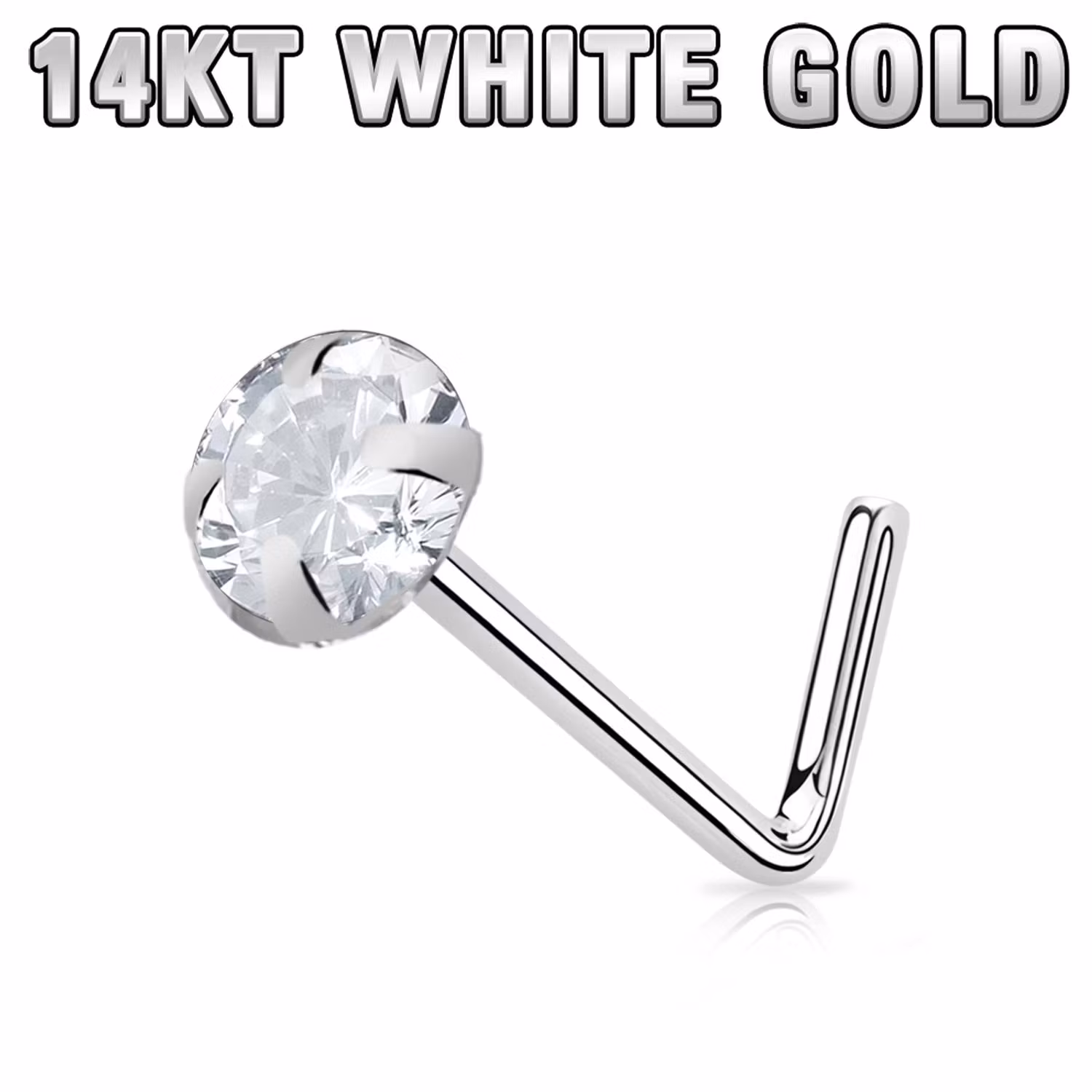 Nässmycke "L-böjd" i äkta 14 karat vitt guld med 2.5mm cubic zirconia